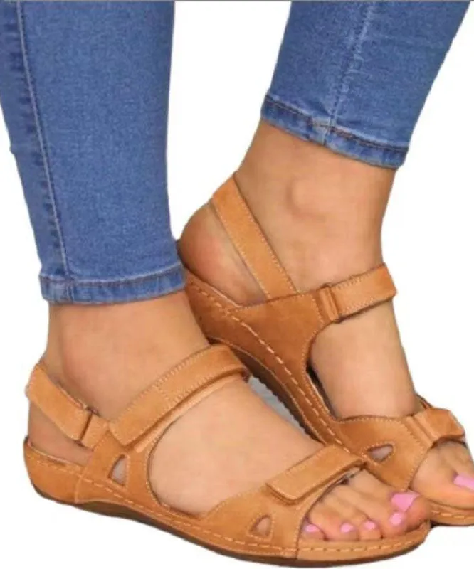 Boho Splicing Peep Toe Wedge Sandals Brown Faux Leather LY2682